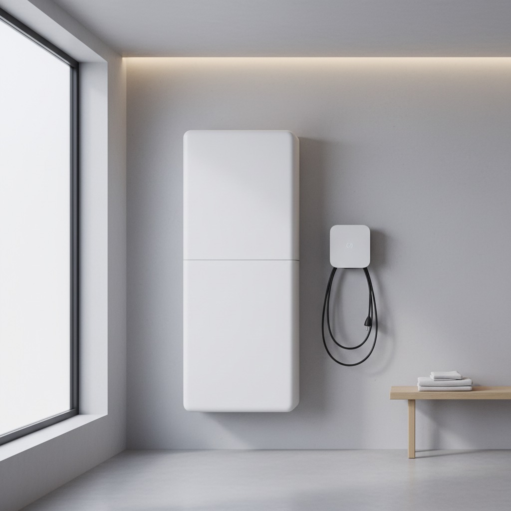 A modern home battery and EV charge point neatly installed in a British home