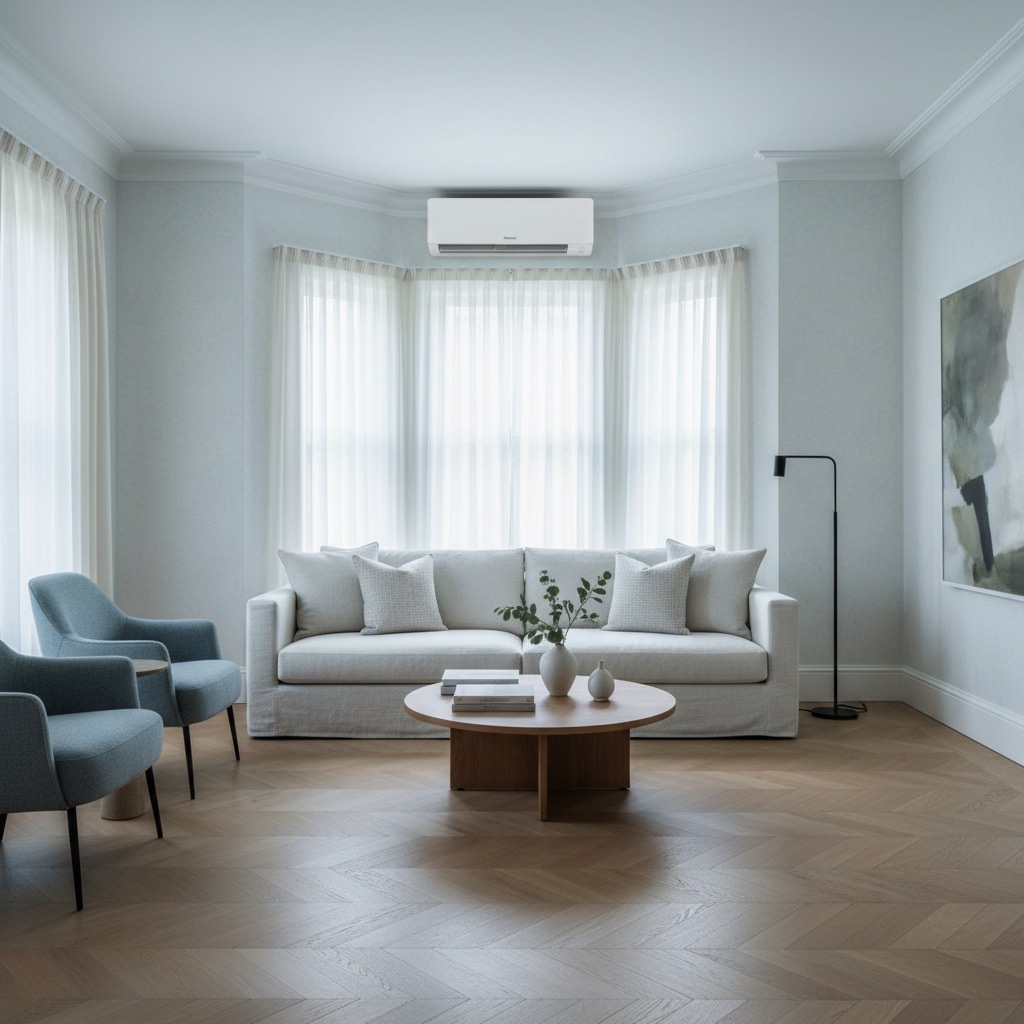 A bright, modern British living room with a discreet wall-mounted air conditioning unit