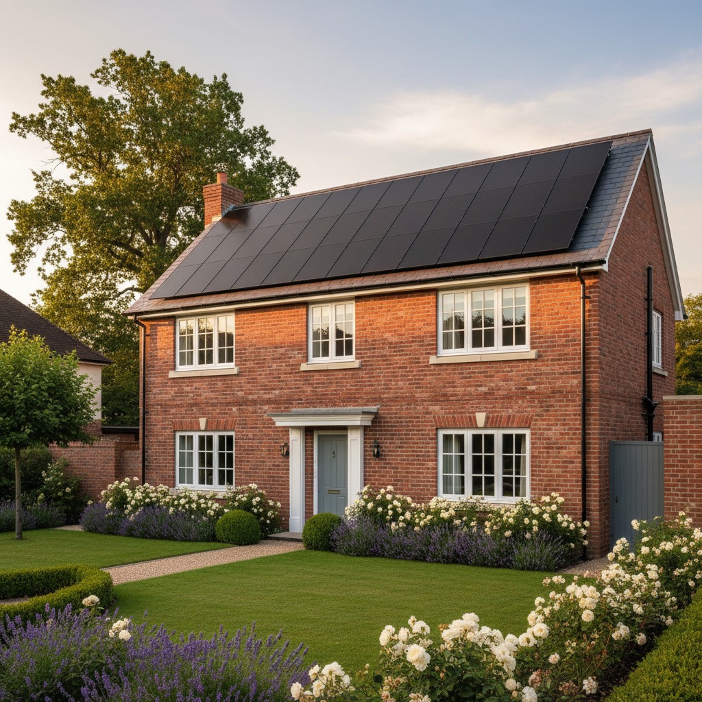 A UK home with all-black solar panels at golden hour
